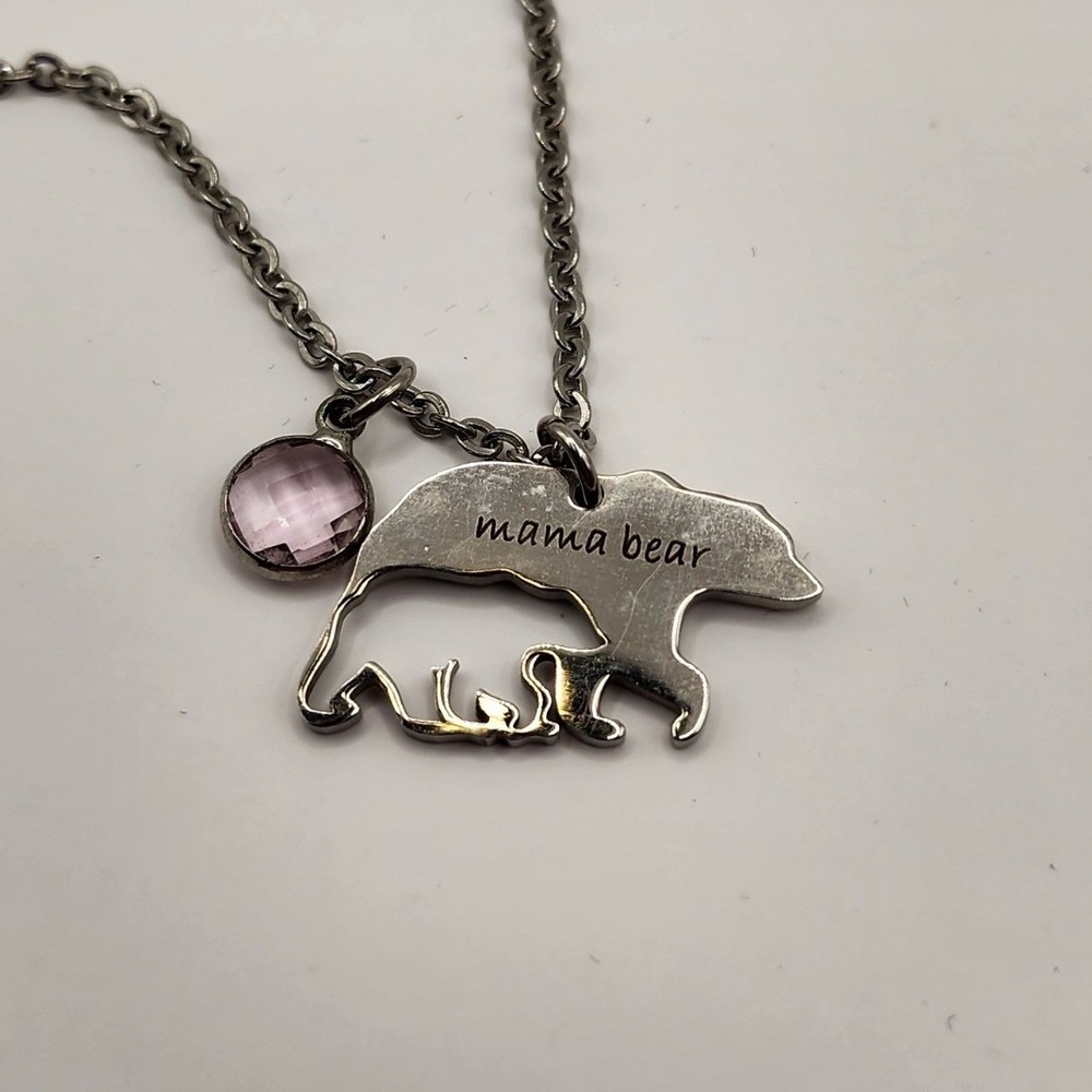 Youfeng Stainless Steel Mama Bear Cub Pendant Necklace Pink Crystal Charm Pouch